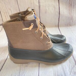 Sperry Salt Water Duck Rain Boots Womens Size 11 Brown Leather Black Rubber